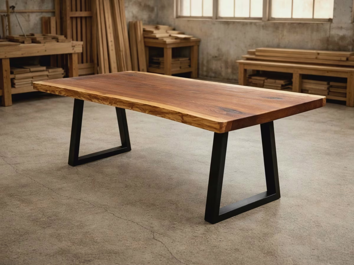 Table monumentale en bois de Suar massif avec piètement métal